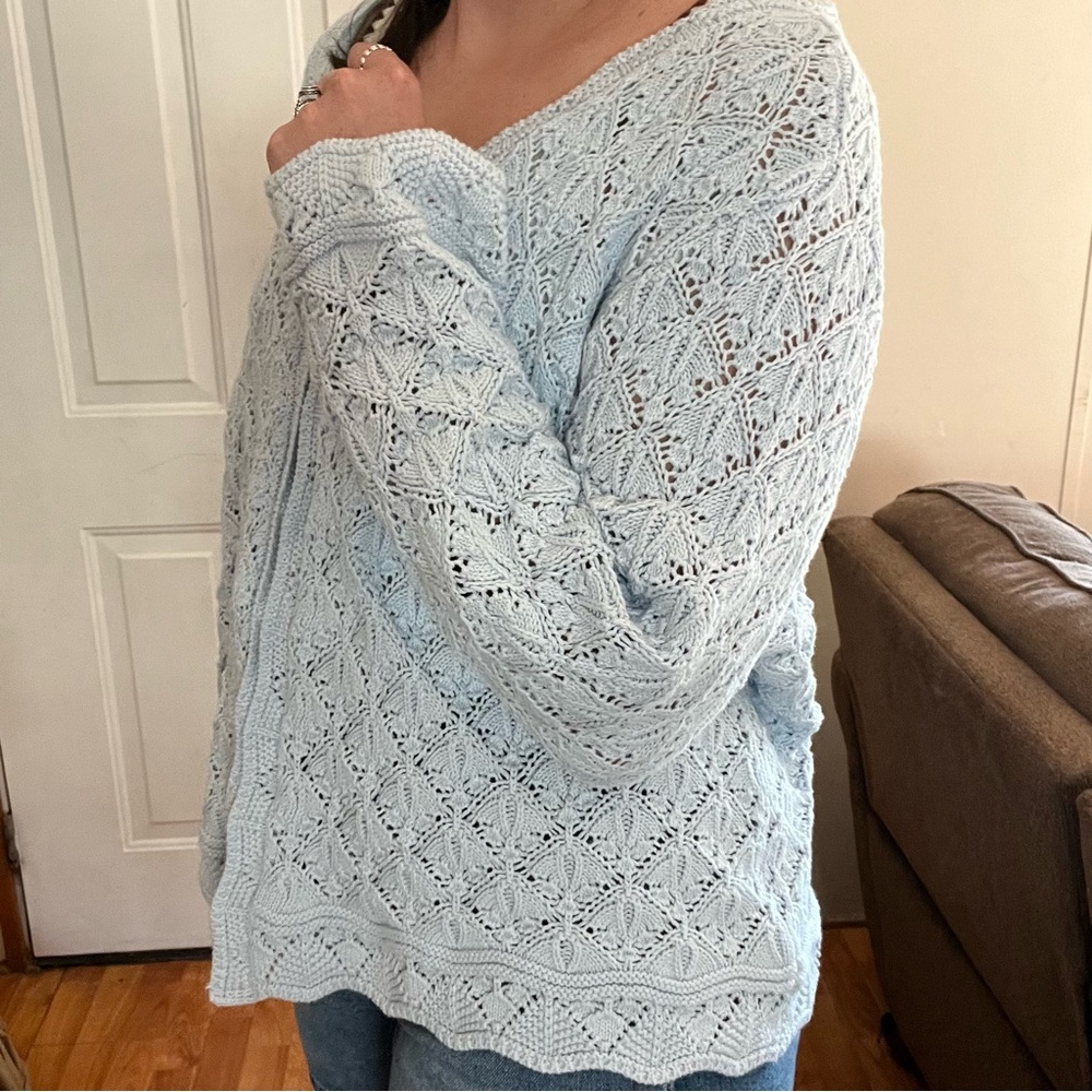 Women's Light Blue Knit Sweater 100% Cotton - Picture 3 of 5